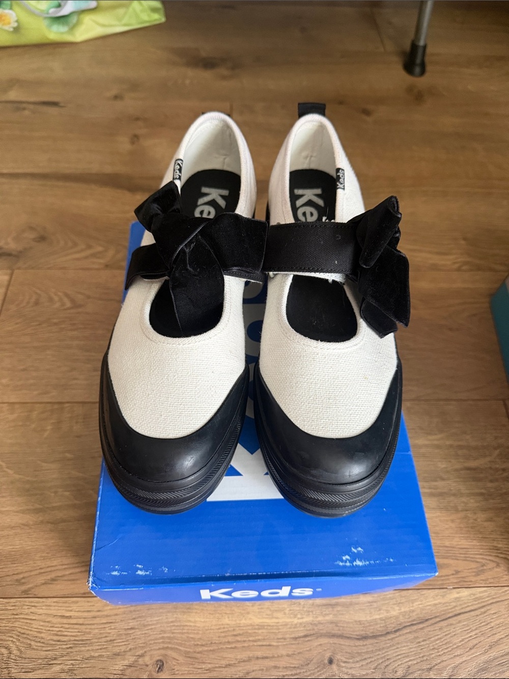 Keds Kids Cream and Black Mary Jane Shoes with Velvet Bow